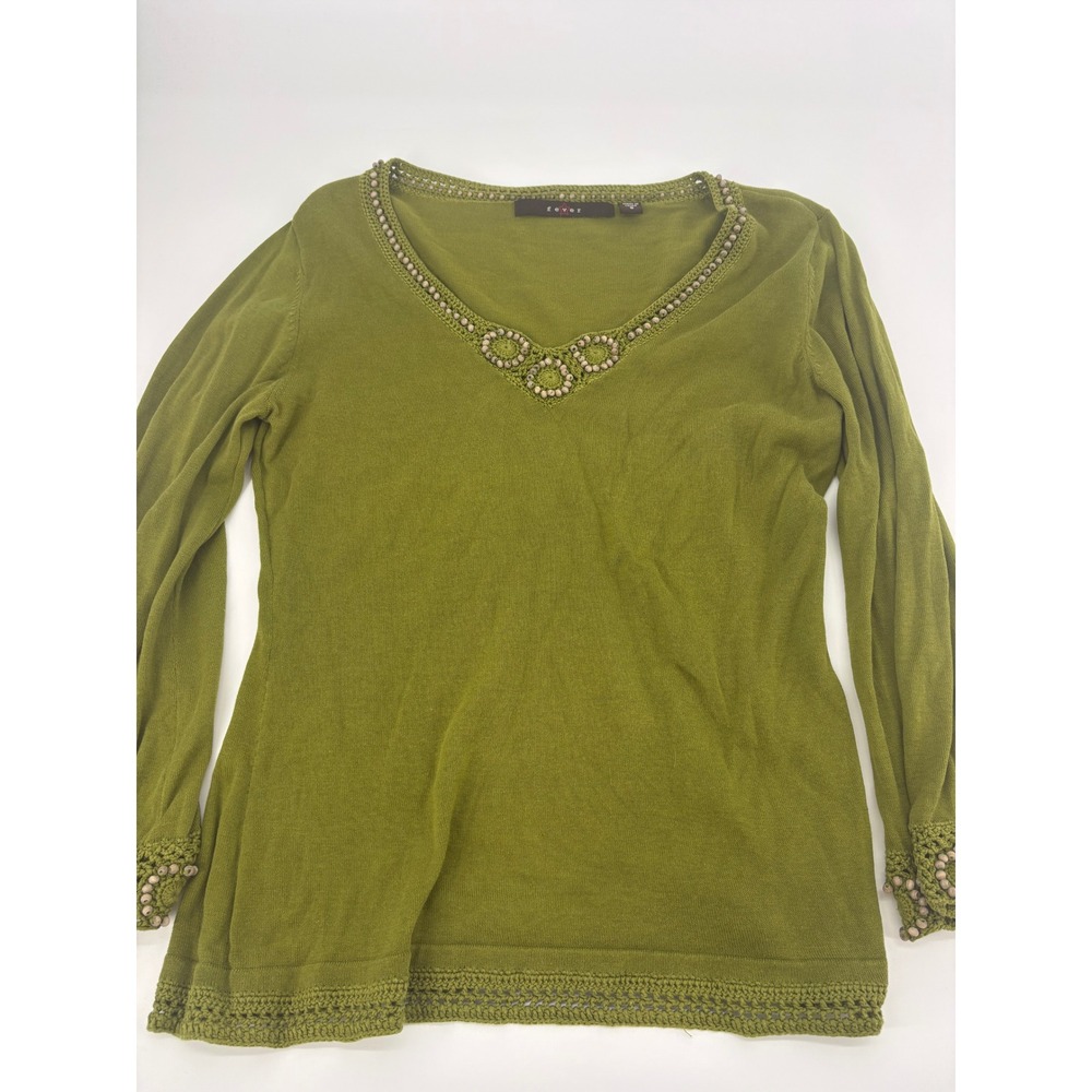 Fever Green V-Neck Beaded Crochet Trim Long Sleeve Cotton Sweater Top Size S